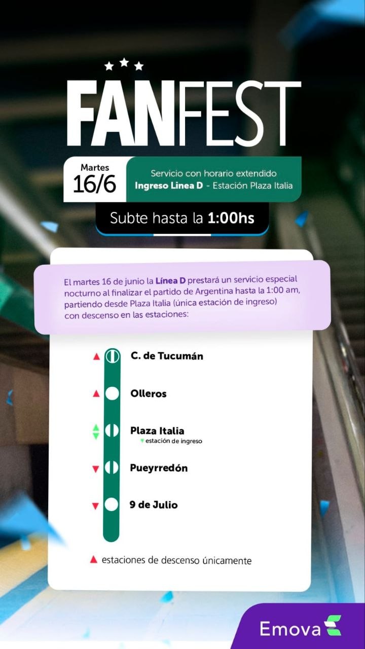 Imagen asociada a Alerta de servicio (Fan Fest): Línea D extiende horario hasta 1 AM
