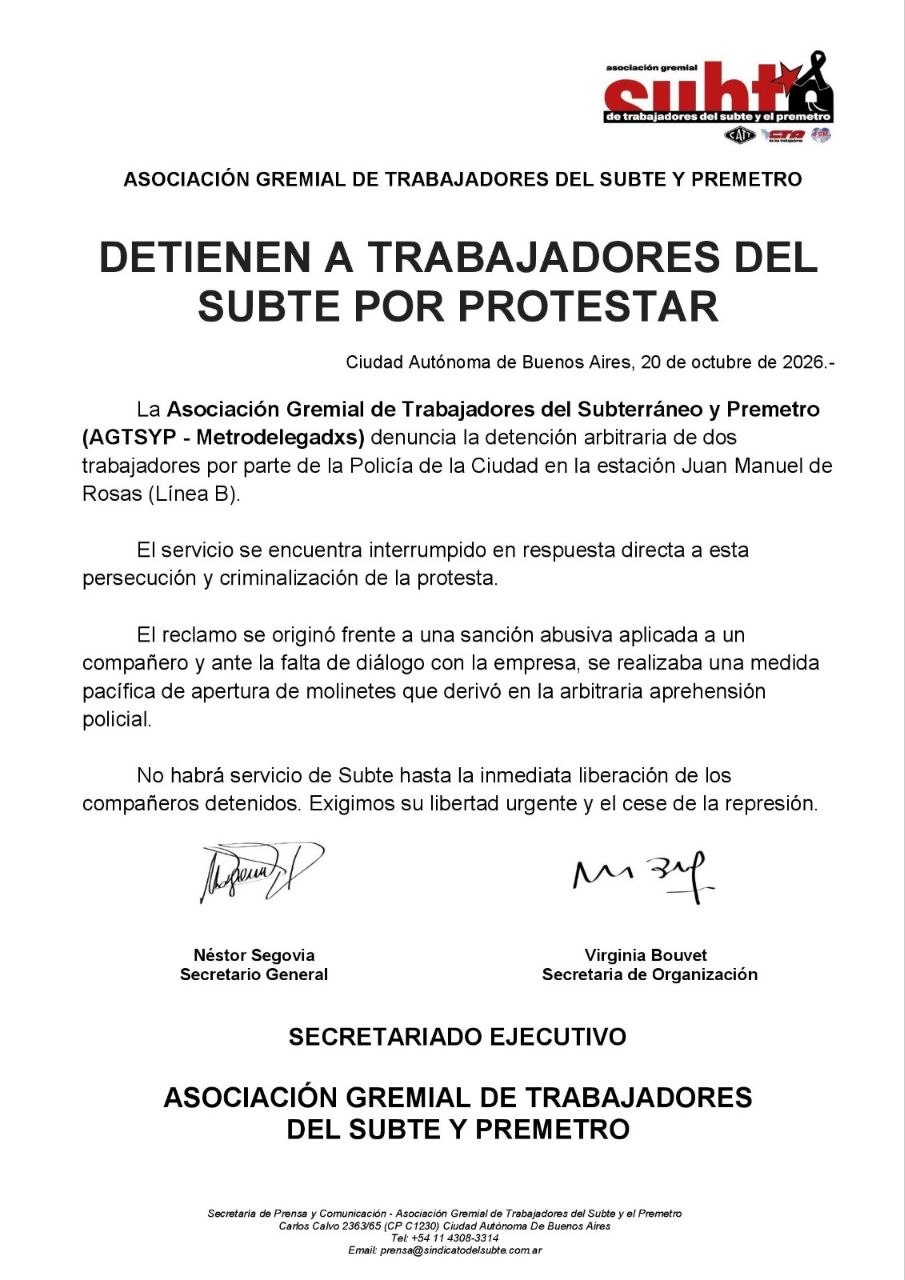 Imagen asociada a Alerta de servicio (Subte/Premetro): comunicado de metrodelegados por paro sorpresivo